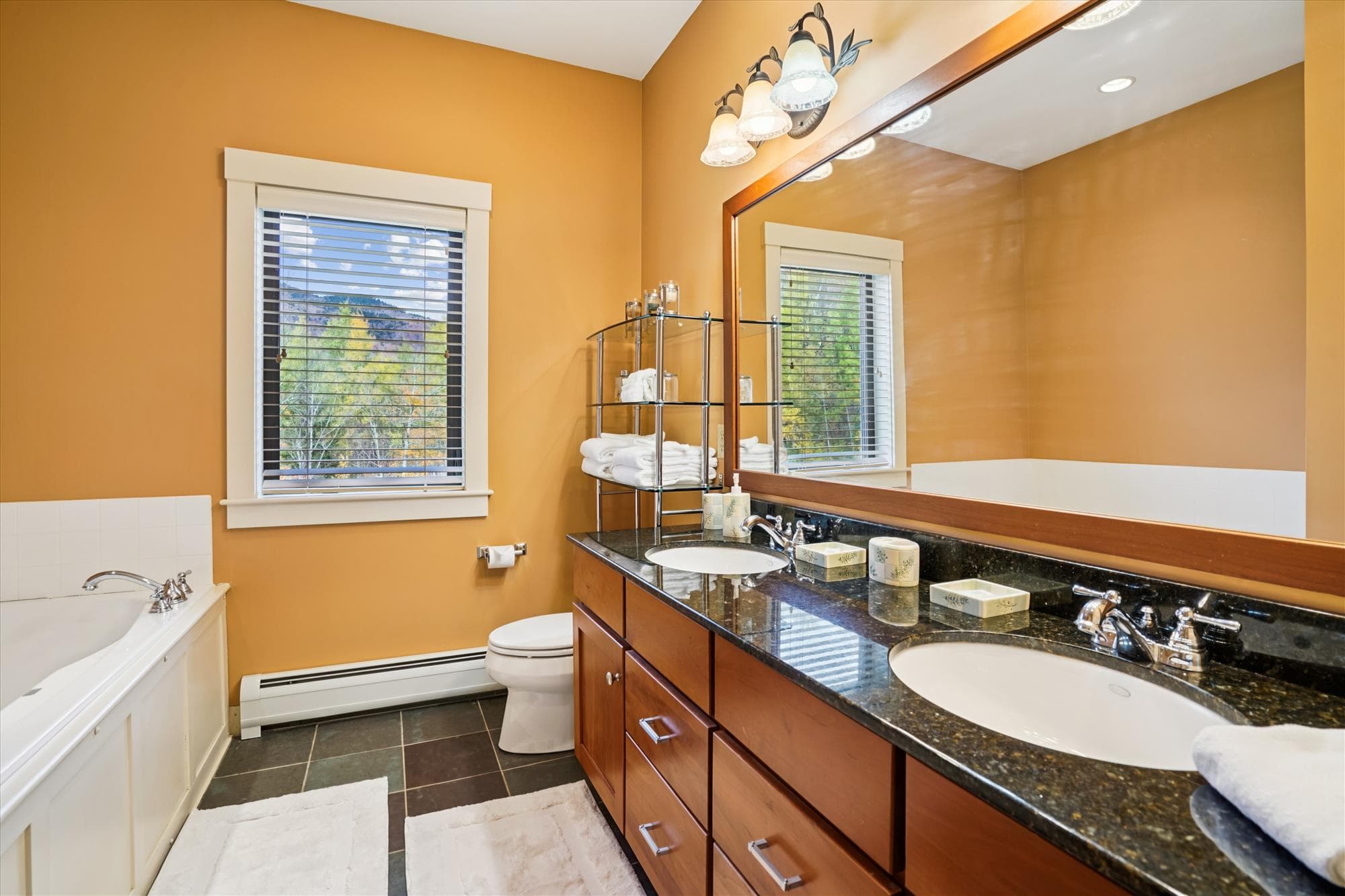 Private ensuite with double vanity, walk-in shower, and whirlpool tub overlooking Vermont's landscape. A bright, well-designed space to refresh and unwind after the day.
