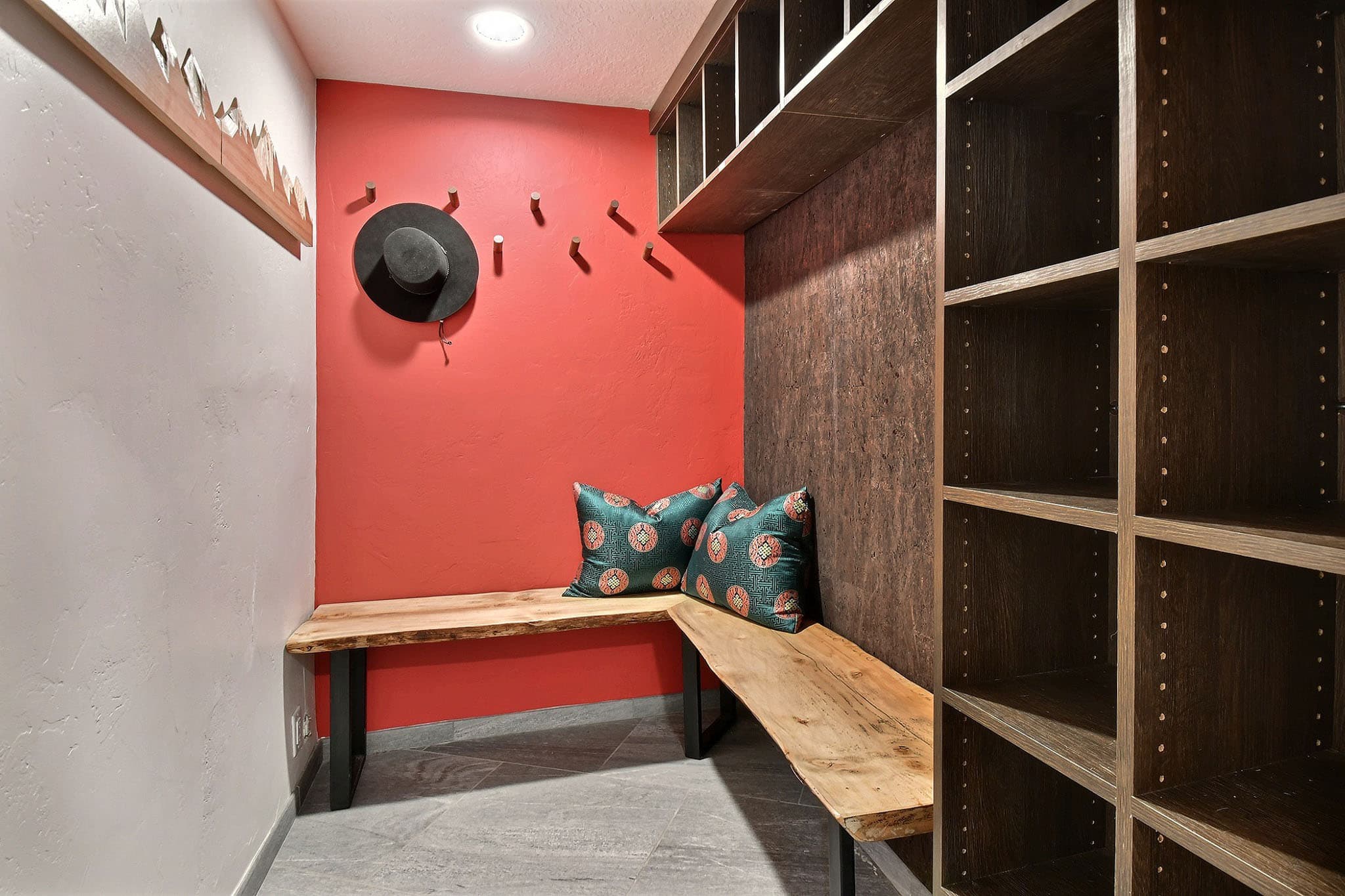 Hat, Wooden Bench, Throw Pillows, Wall Hooks, Wooden Shelves